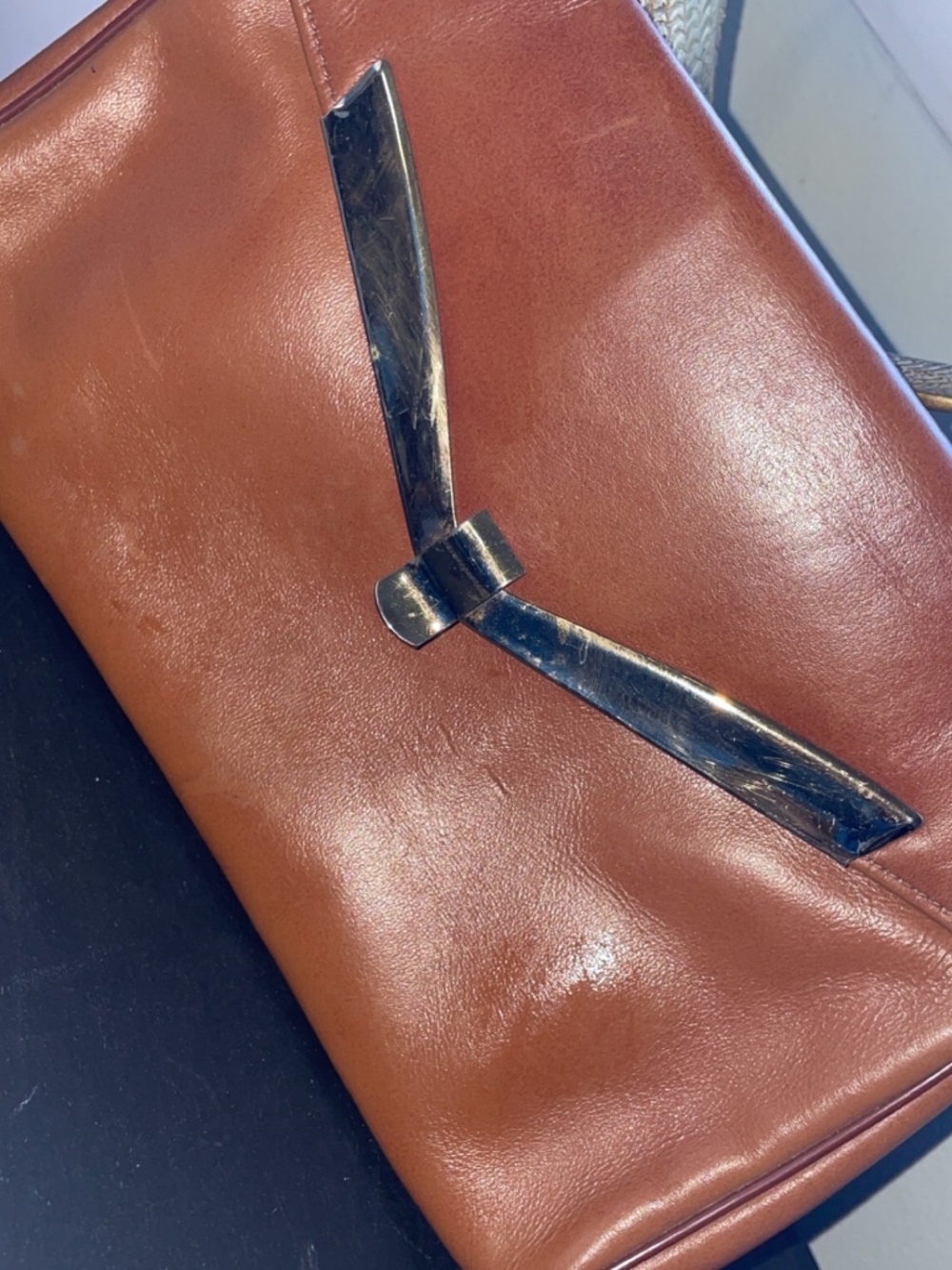 Vintage Letisse Brown Foldover Clutch Purse Gold Hardware Faux Leather Evening
